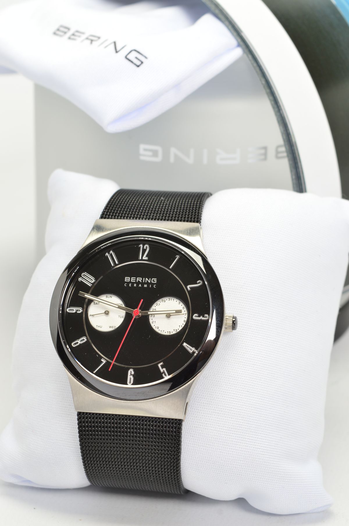 BERING QUARTZ WRISTWATCH, Arabic numeral, black dial with two smaller silvered subsidiary dials,