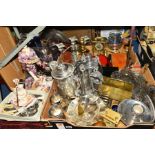 TWO BOXES AND LOOSE OF METALWARE, FLATWARE AND JAPANESE DOLLS, to include EPNS embossed pitcher,