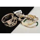 SEVEN BANGLES AND BRACELETS, to include a Mexican green leather cord bracelet with white metal
