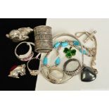 A SELECTION OF JEWELLERY ETC, to include three rings, a torque bangle, a cross pendant, a small