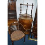 AN EDWARDIAN MAHOGANY CANE SEATED TUB CHAIR together with an Edwardian bow front single door unit
