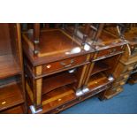 A MODERN MAHOGANY COFFEE TABLE with two drawers and undershelf, width 122cm x depth 66cm x height