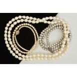 THREE CULTURED PEARL NECKLACES, the first a graduated row of spherical cultured pearls with a