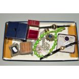 A SELECTION OF ITEMS, to include a compact mirror, three costume brooches, two wristwatches, a