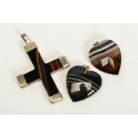 THREE BANDED AGATE PENDANTS, the first a heart, the second a faceted heart, the third a cross