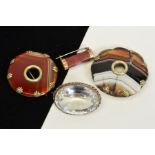 FOUR AGATE AND GEM BROOCHES, to include an oval rock crystal brooch within a rope twist surround,