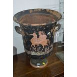 A 19TH CENTURY GREEK BLACK GROUND TERRACOTRA URN with twin handles on a loose base, diameter 41cm
