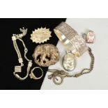 A SELECTION OF SILVER AND WHITE METAL JEWELLERY, to include a late Victorian silver brooch, a purple