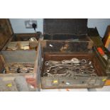 TWO WOODEN CRATES AND TWO METAL CASES containing various hand and precision tools including