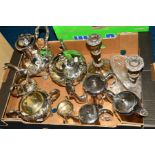 A BOX OF SILVER PLATE, comprising a pair of worn Old Sheffield plate telescopic candlesticks, a
