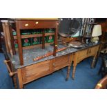 TWO EDWARDIAN MARBLE TOPPED WASHSTANDS, both are satinwood of differing designs, both have green