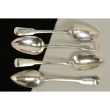 A SET OF FOUR GEORGE III SILVER FIDDLE PATTERN TABLESPOONS, engraved initial D, maker Edward