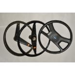 THREE MOTOR CAR STEERING WHEELS, one Ford, two unmarked