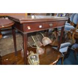 A GEORGIAN MAHOGANY FOLD OVER TEA TABLE with a single drawer, width 91cm x depth 45cm x height 76cm