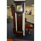 A GEORGE III OAK LONGCASE CLOCK, the hood flanked by cylindrical pillars, the brass and silvered