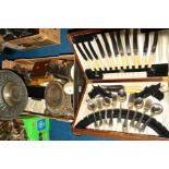 A BOX OF METALWARES, including incomplete canteen of plated Old English pattern cutlery, cocktail