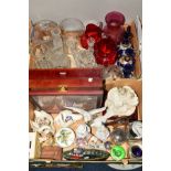 TWO BOXES OF GLASSWARE, CERAMIC ORNAMENTS AND A PORTABLE DISPLAY CASE to include two cranberry glass