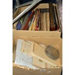 TWO BOXES OF ASSORTED EPHEMERA featuring indentures, maps, postcards, cigarette cards,