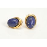 A PAIR OF 9CT GOLD LAPIS LAZULI STUD EARRINGS, each designed as a lapis lazuli cabochon within an