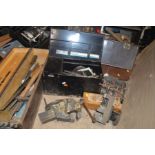 THREE METAL AND ONE WOODEN TOOL CHEST with contents inside together with a Record No2 vice and