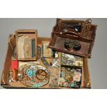 A BOX OF MAINLY COSTUME JEWELLERY etc, to include paste brooches and necklaces, further brooches,