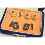 A CASED SET OF DAMASCENE CUFFLINKS AND STUDS, to include four circular studs and a pair of chain