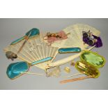 A BOX OF COLLECTABLES, including a bone netsuke, two bone fans, two pairs of opera glasses, three