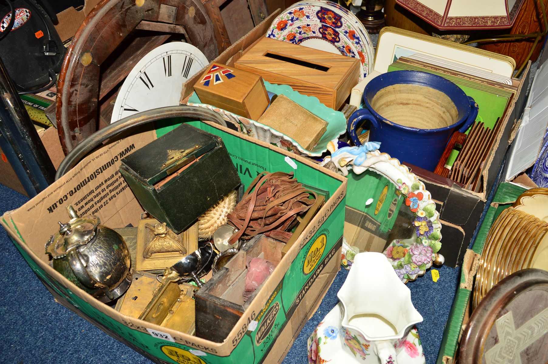 TWO BOXES AND LOOSE SUNDRY AND CERAMIC ITEMS, to include a distressed drop dial wall clock, Coalport