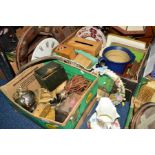 TWO BOXES AND LOOSE SUNDRY AND CERAMIC ITEMS, to include a distressed drop dial wall clock, Coalport