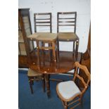 AN OAK DROP LEAF DINING TABLE, three various chairs and two stools (6)