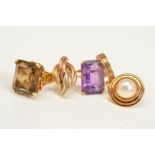 THREE RINGS AND TWO SINGLE EARRINGS, the rings to include a square cut smoky quartz in a four claw