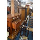 A SMALL CARVED OAK HANGING CORNER CUPBOARD 54cm height, a Victorian Step Commode and a Georgian