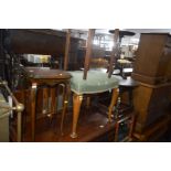 AN OAK PADDED DRESSING STOOL together with a circular oak occasional table, two occasional tables