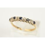 A 9CT GOLD DIAMOND AND SAPPHIRE RING, designed as a row of four single cut diamonds within