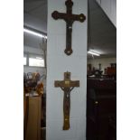 THREE RELIGIOUS ICONS/CROSSES on wooden plinths