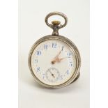 A LONGINES SIGNED POCKETWATCH, white dial with blue Arabic numerals and a subsidiary seconds dial,