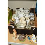 A BOX OF ASSORTED CERAMICS to include Aynsley 'Otter' (seconds), Pendragon Crafts Badger, EPNS toast