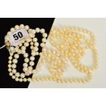 TWO CULTURED PEARL NECKLACES, both designed as a uniform row of spherical cultured pearls, one