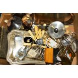 A BOX OF MISCELLANEOUS METALWARE, COINAGE AND CUTLERY, to include early 20th Century 9ct 'Baby'