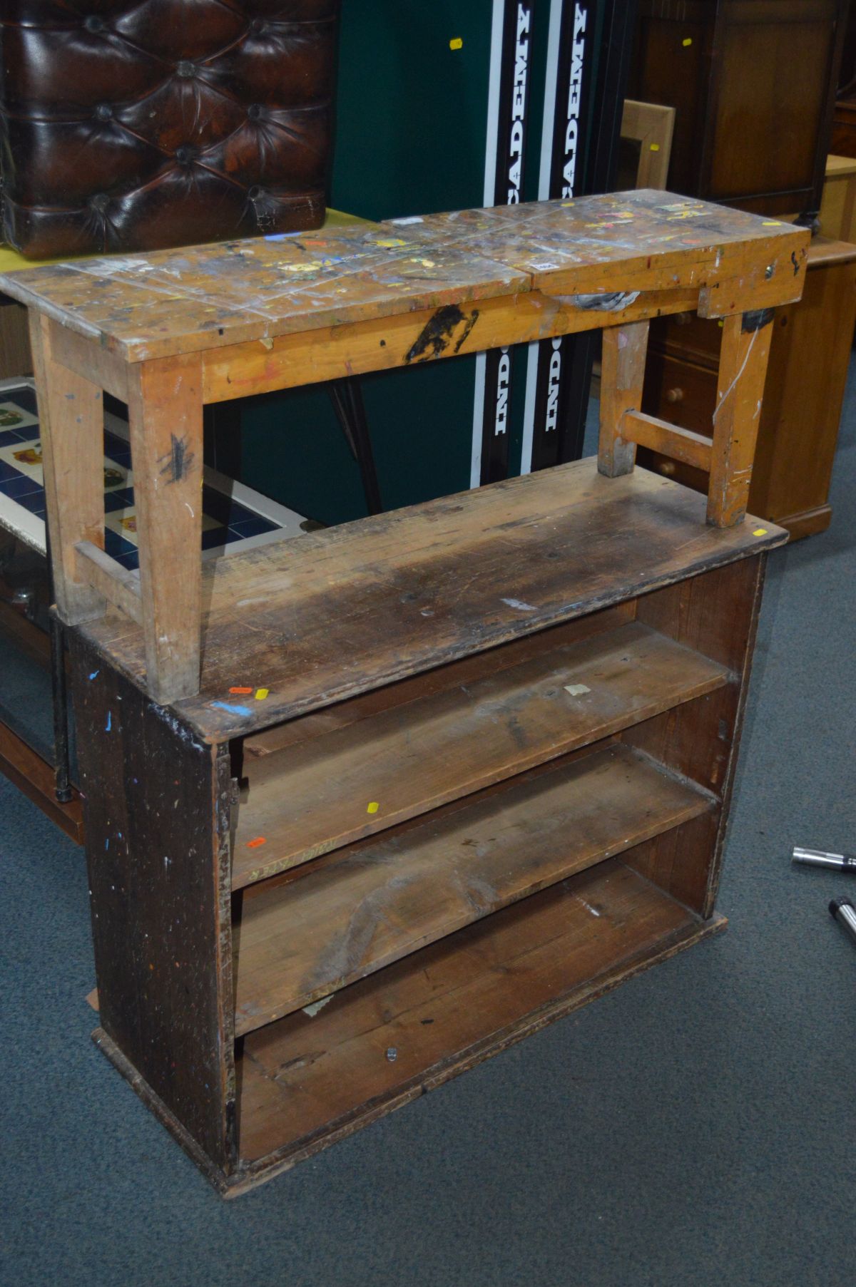 AN ARTISTS WORKBENCH WITH LIFT UP EASEL, width 103cm x depth 30cm x height 43cm and a small pine