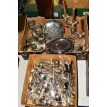 TWO BOXES OF CUTLERY AND METALWARES, to include a three light candelabrum, Kings pattern cutlery,