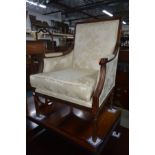 A REPRODUCTION FRENCH STYLE MAHOGANY CREAM UPHOLSTERED ARMCHAIR