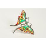 A PLIQUE-A-JOUR AND MARCASITE BUTTERFLY BROOCH/PENDANT, designed with green, yellow and red plique-