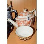 ROYAL CROWN DERBY, comprising 'Red Aves' teapot, height 17cm and an Imari '2451' sugar bowl,