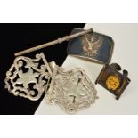 FOUR MISCELLANEOUS ITEMS, to include a silver nurses buckle, with hallmark for London 1968, an