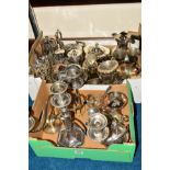 TWO BOXES OF METALWARE, to include a four light Georgian style candelabra, sauce boats, sugar tongs,