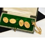 A PAIR OF LATE VICTORIAN 9CT GOLD CUFFLINKS AND AN ANCHOR BROOCH, the cufflinks designed as oval