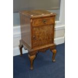 A LATE 19TH CENTURY BURR WALNUT POT CUPBOARD with a single drawer on cabriole legs