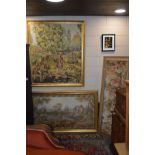 THREE VARIOUS GILT FRAMED TAPESTRIES of various woodland scenes