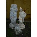 THREE COMPOSITE GARDEN FIGURINES, comprising of a circular column surrounded by three scantily